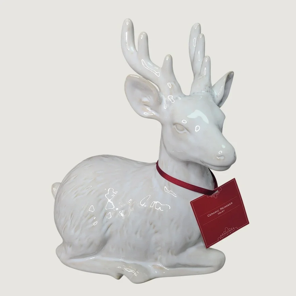 Pottery Barn Ceramic Reindeer White Glazed Christmas Decor Buck Figurine NEW